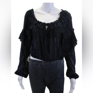 Love Shack Fancy Womens Bohemian Striped Black Button Long Sleeve Blouse Size S